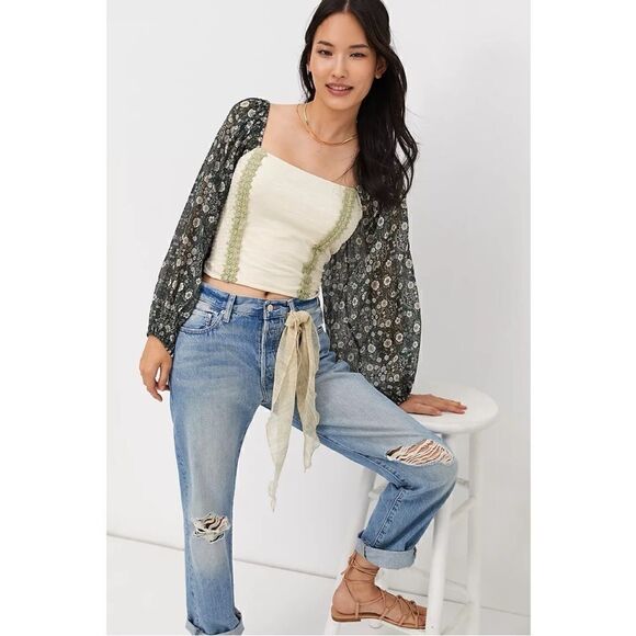 NEW Anthropologie Forever That Girl Smocked Embroidered Lace-Up Top Medium - Picture 3 of 7